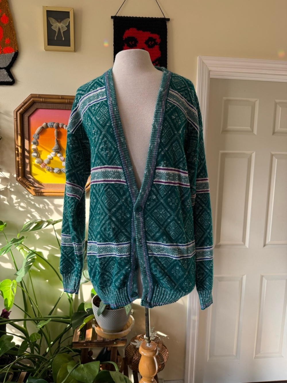 Vintage 80’s Puritan Teal Geometric V-Neck Cardigan